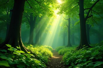 Obraz premium Lush green forest scene, dappled sunlight filtering through leaves , vista, nature
