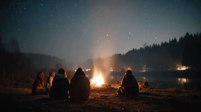 Group of friends gathered around a campfire enjoying a starry night by a serene lake surrounded by trees and distant lights in the countryside