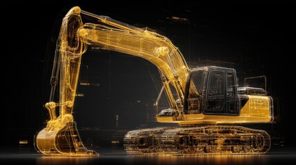 A stunning image of yellow excavator with wireframe digital overlay on dark background.