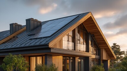 A stunning image of close-up of new suburban house with a photovoltaic system on the roof. Modern eco friendly passive house with solar panels on the gable roof, with sunlight in.