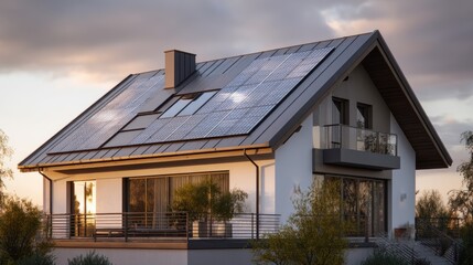 A stunning image of close-up of new suburban house with a photovoltaic system on the roof. Modern eco friendly passive house with solar panels on the gable roof, with sunlight in.