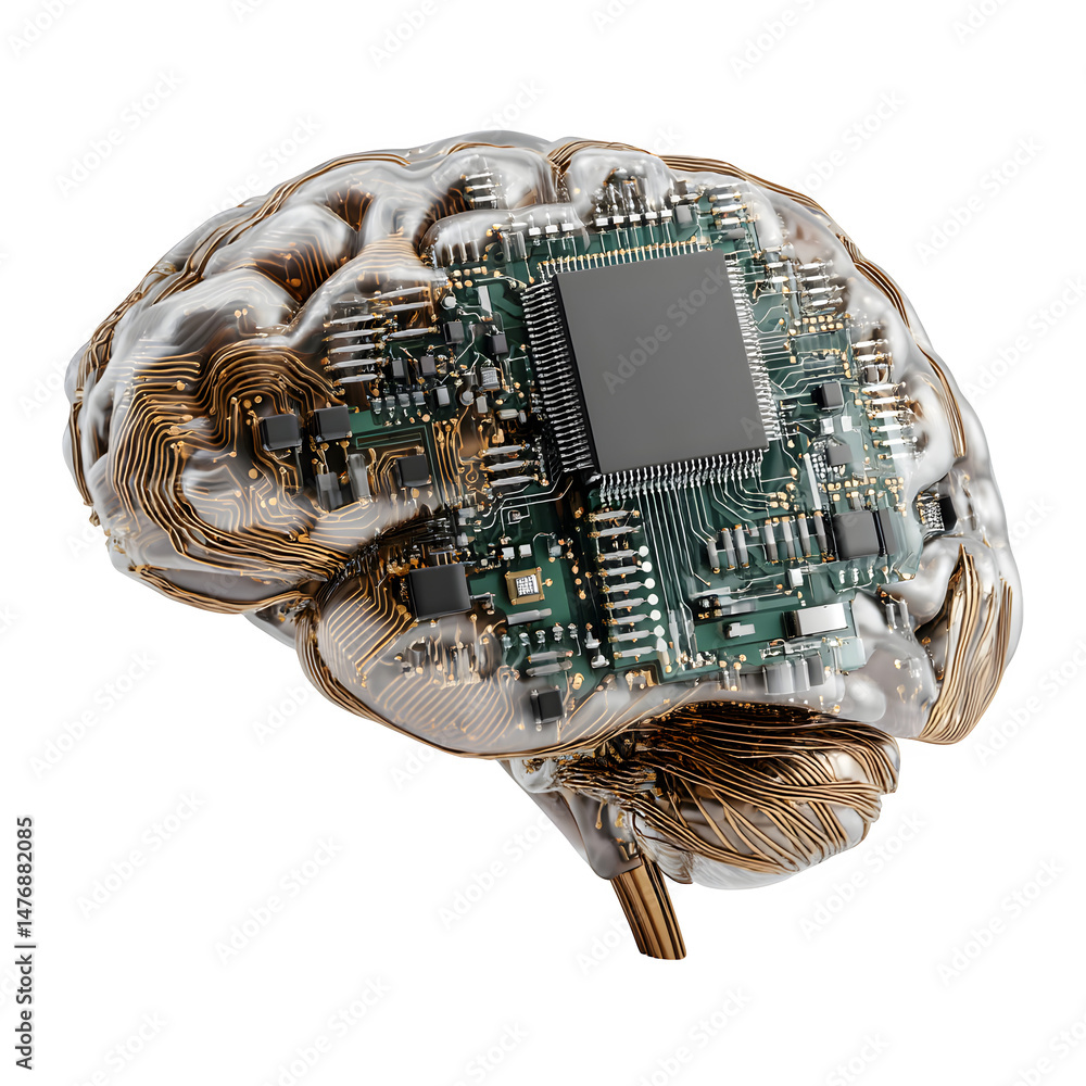 Poster artificial intelligence brain chip depicted on a white background, showing tiny circuits and detaile