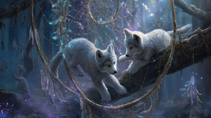 Obraz premium Wolf cubes playing in the wood