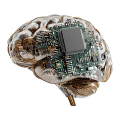 Artificial intelligence brain chip depicted on a white background, showing tiny circuits and...