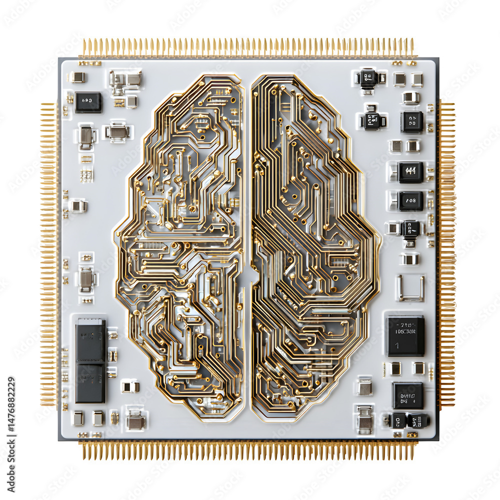 Poster artificial intelligence brain chip depicted on a white background, showing tiny circuits and detaile