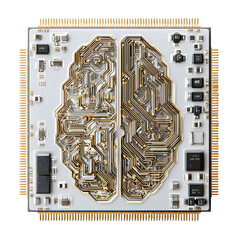 Artificial intelligence brain chip depicted on a white background, showing tiny circuits and...