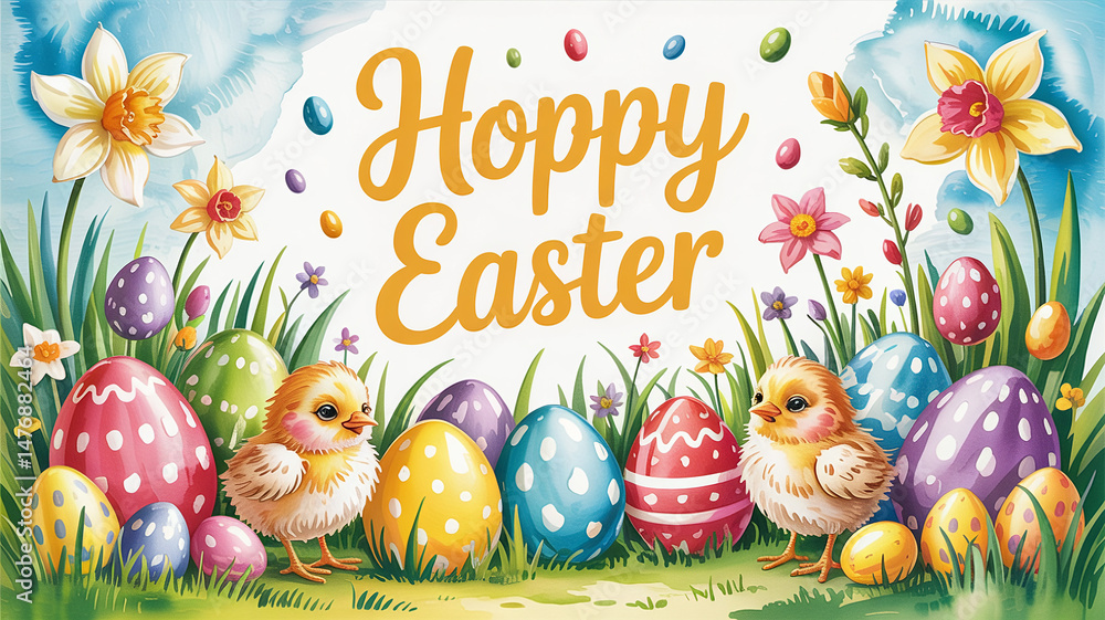 Poster happy easter background with message frame and easter eggs scene