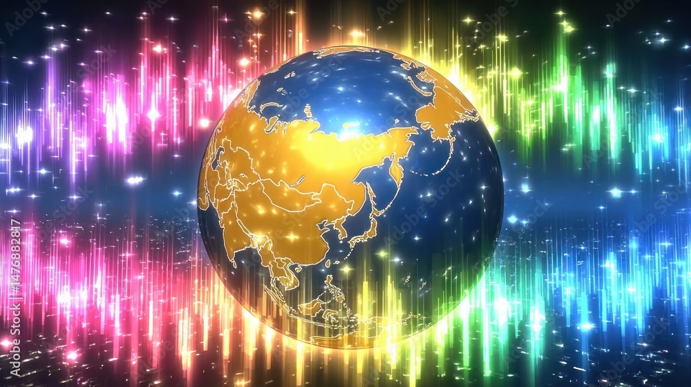 Poster vibrant global network digital earth illuminated with colorful light streaks background