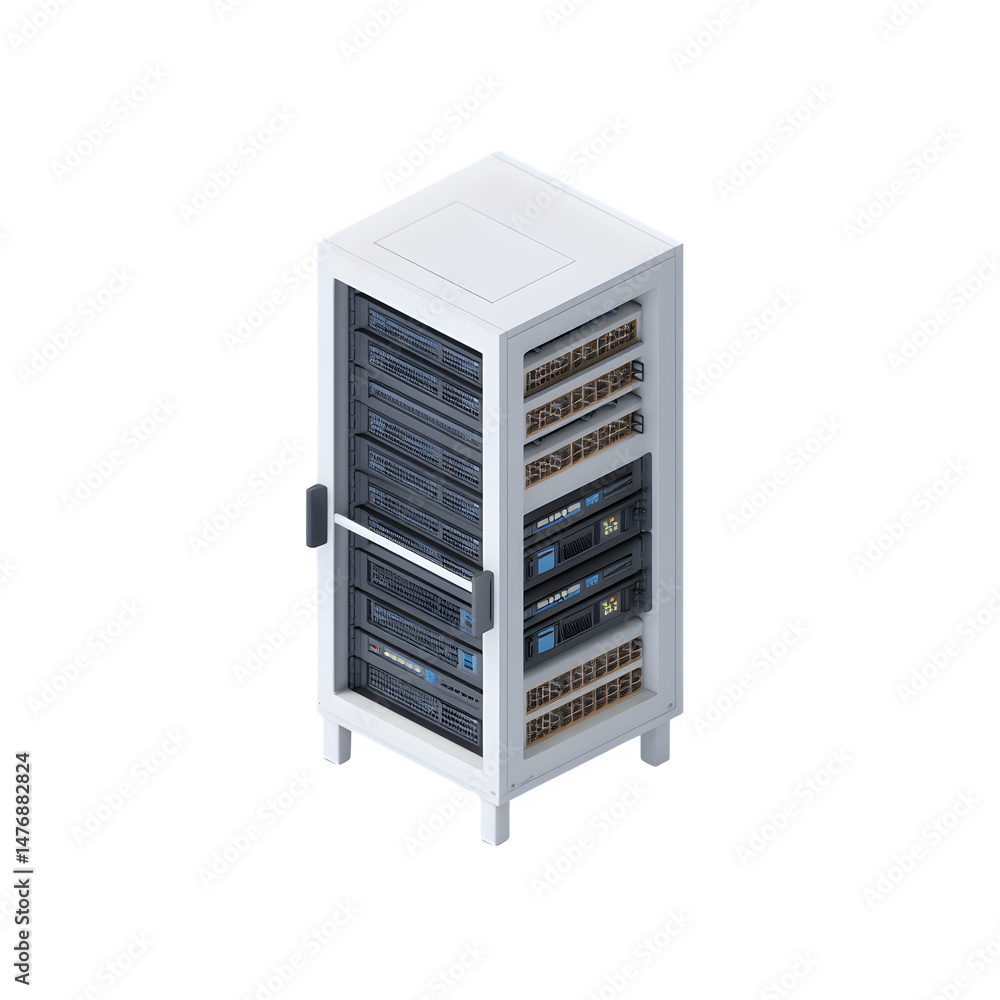 Poster isometric server rack illustration displayed on a white background, showing rows of servers and netw