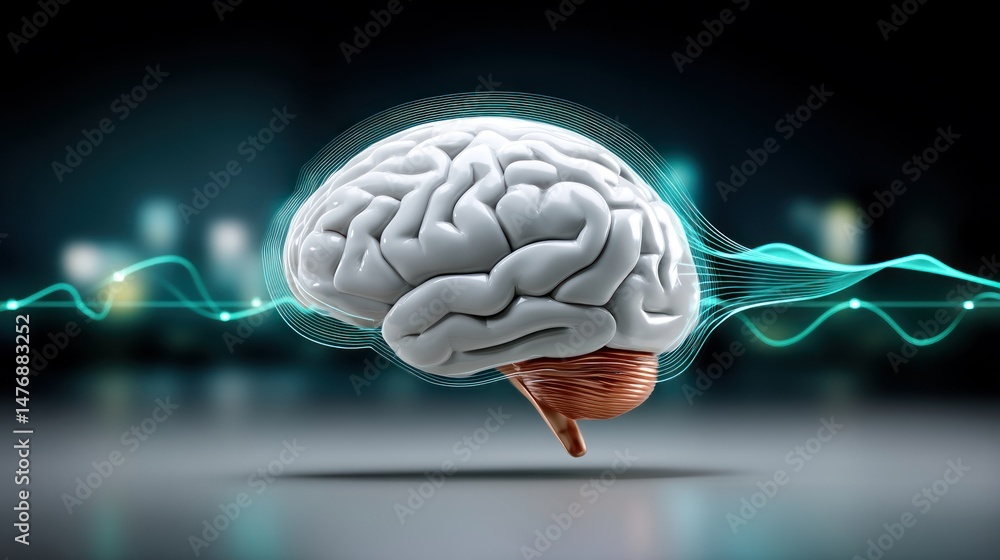 Poster human brain anatomy 3d model with neural waves abstract background ideal for neuroscience or neurolo