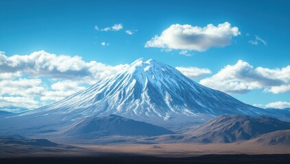 Fototapeta premium Majestic snow-capped mountain peak piercing blue skies dotted with fluffy clouds
