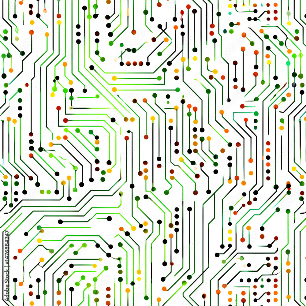 Poster glowing neon circuit board pattern with vibrant blue and green lights, displayed on a simple white b