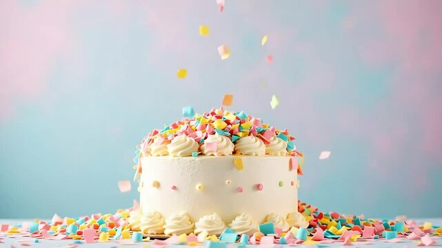 Celebrate birthday party with delicious cake and confetti background stock footage video clip