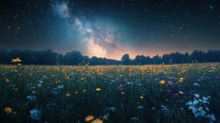 Starry night sky over a field of wildflowers.