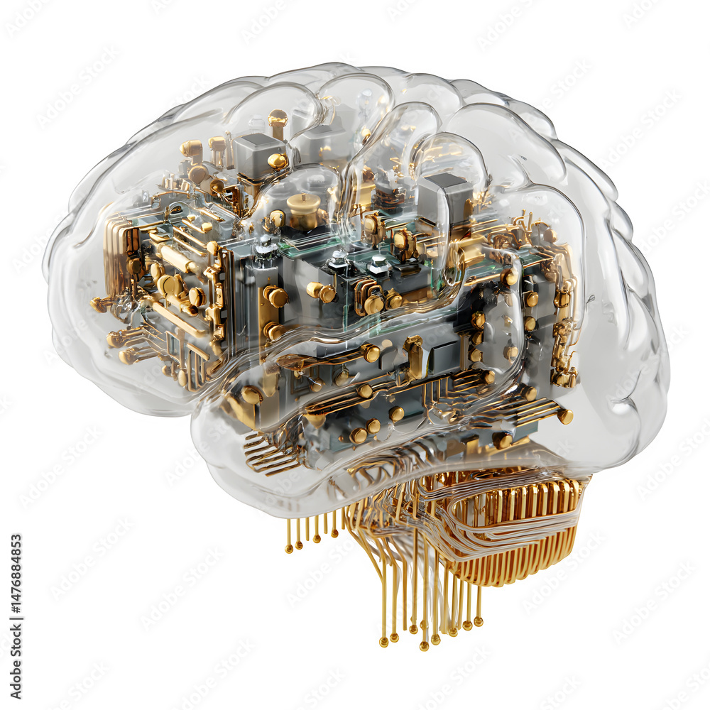 Poster transparent brain with internal circuitry and golden accents on a black background rendering