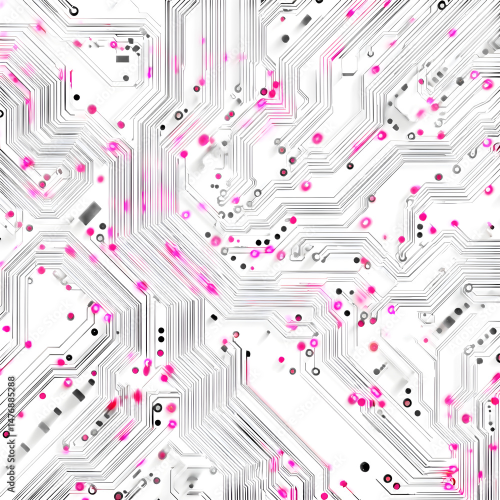 Poster a detailed monochrome image of a circuit board pattern with intricate lines and small circular dots 