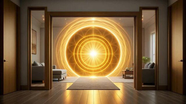 Feng shui and Spiritual Concept ,Bright and Inviting Modern Living Room with Warm Circular Design Enhancing Atmosphere