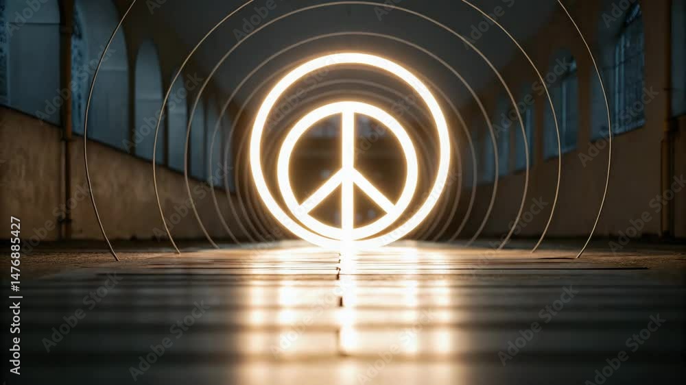 Poster feng shui and spiritual concept ,illuminated peace symbol in serene corridor of concentric light pat