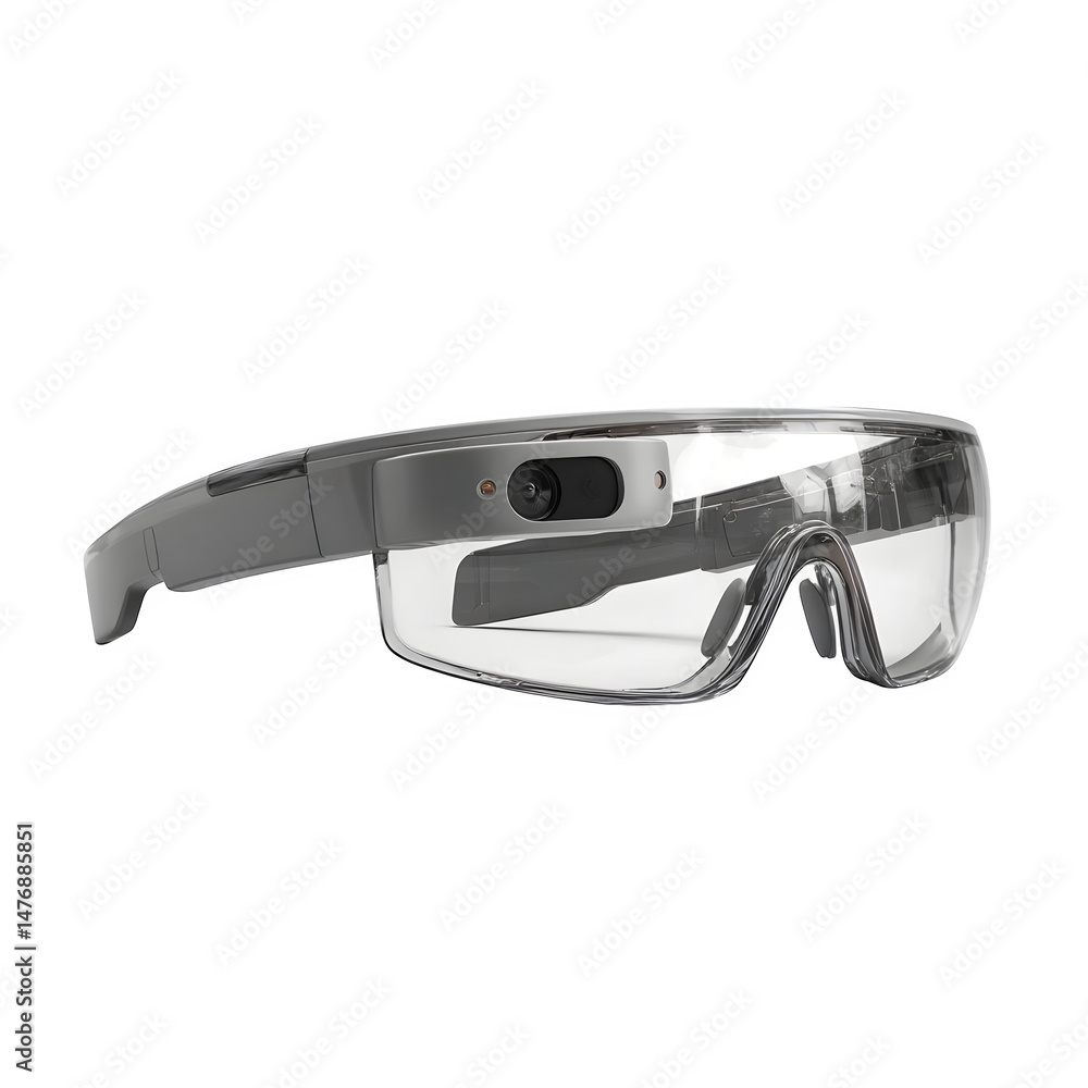 Poster close up view of augmented reality glasses with clear lenses and gray frames on a black background