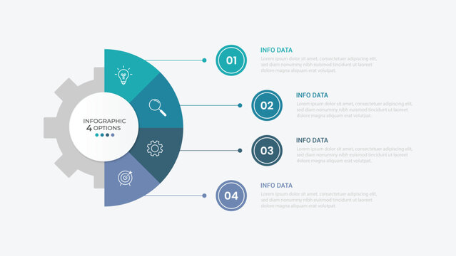 infographic 4 point stage template with gear shape on half circle vertical for slide presentation vector