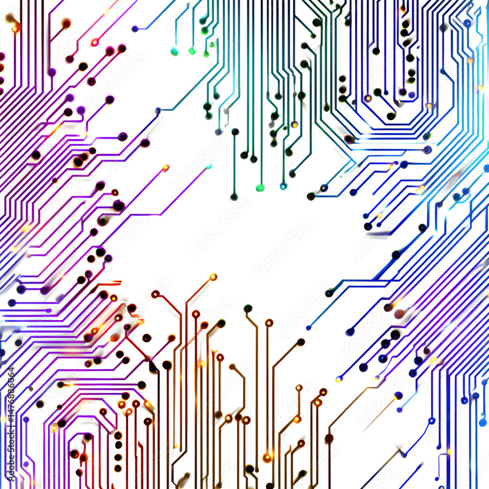 Poster a colorful circuit board design with intricate lines and nodes on a black background in abstract sty