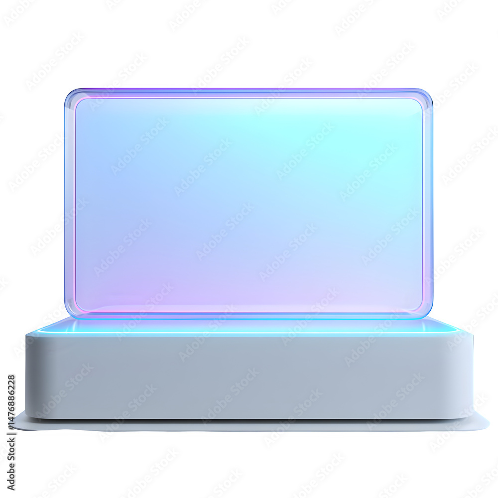 Poster illuminated display screen on a white base with a gradient of blue and purple on a black background