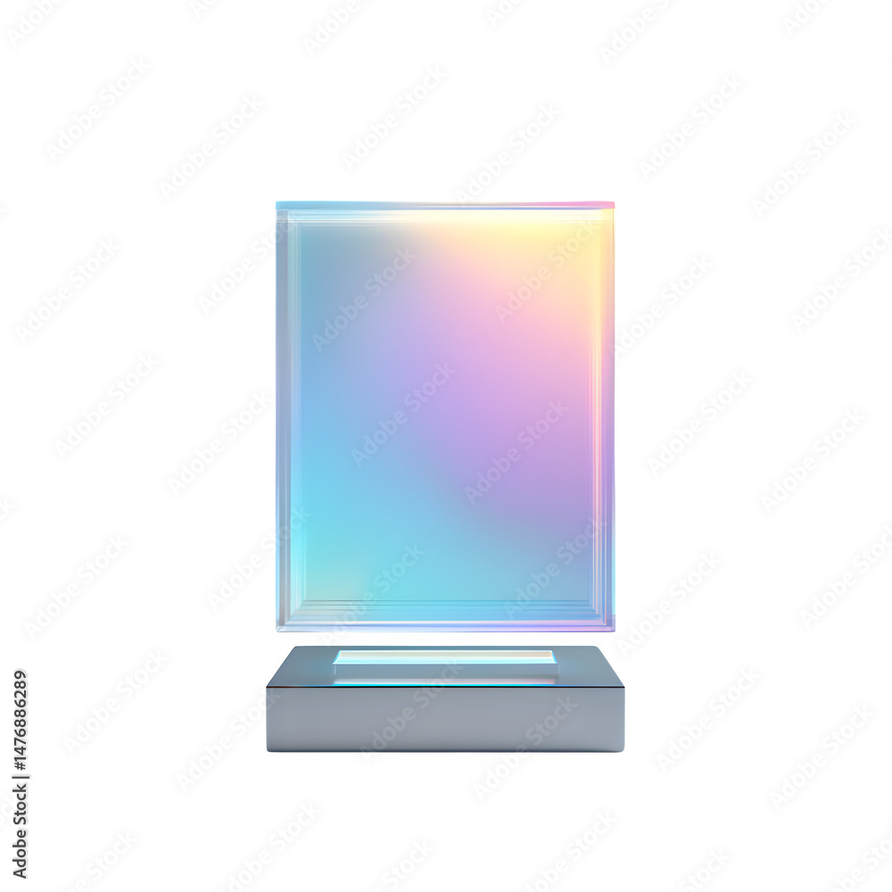 Poster iridescent square panel on a white base against a black background in a studio shot with soft lighti