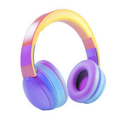 A pair of colorful headphones with a yellow band and purple earcups on a black background image view