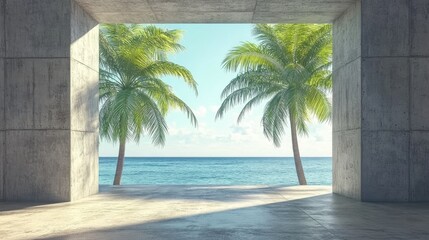 Modern concrete structure framing a tropical ocean view.