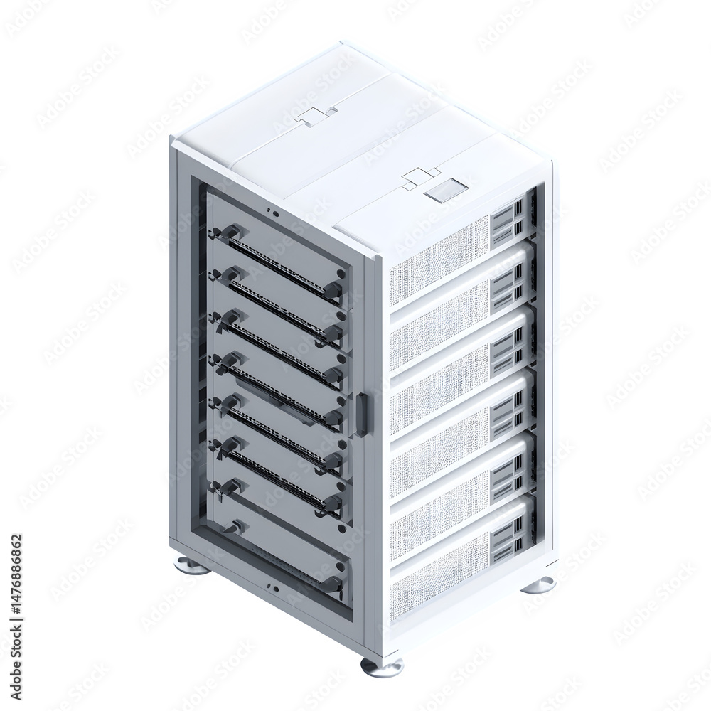 Poster isometric view of a white server rack with multiple servers and open side showing cable management