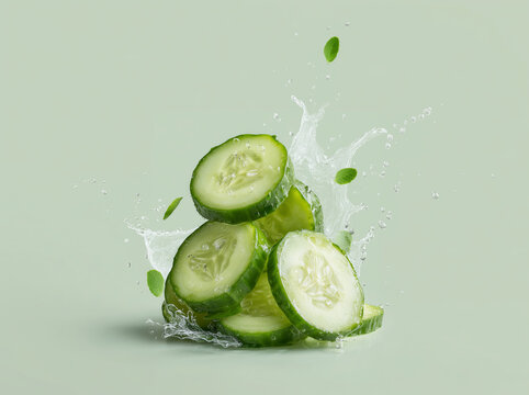 Fresh cucumber slices splash in clear water with green background, creating a refreshing and vibrant visual presentation of healthy food