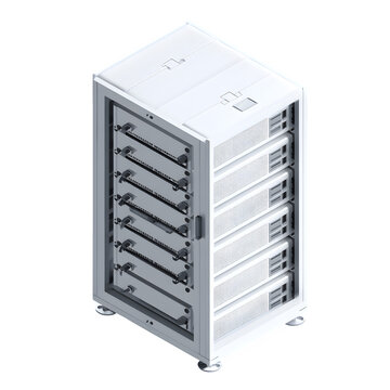 Isometric view of a white server rack with multiple servers and open side showing cable management