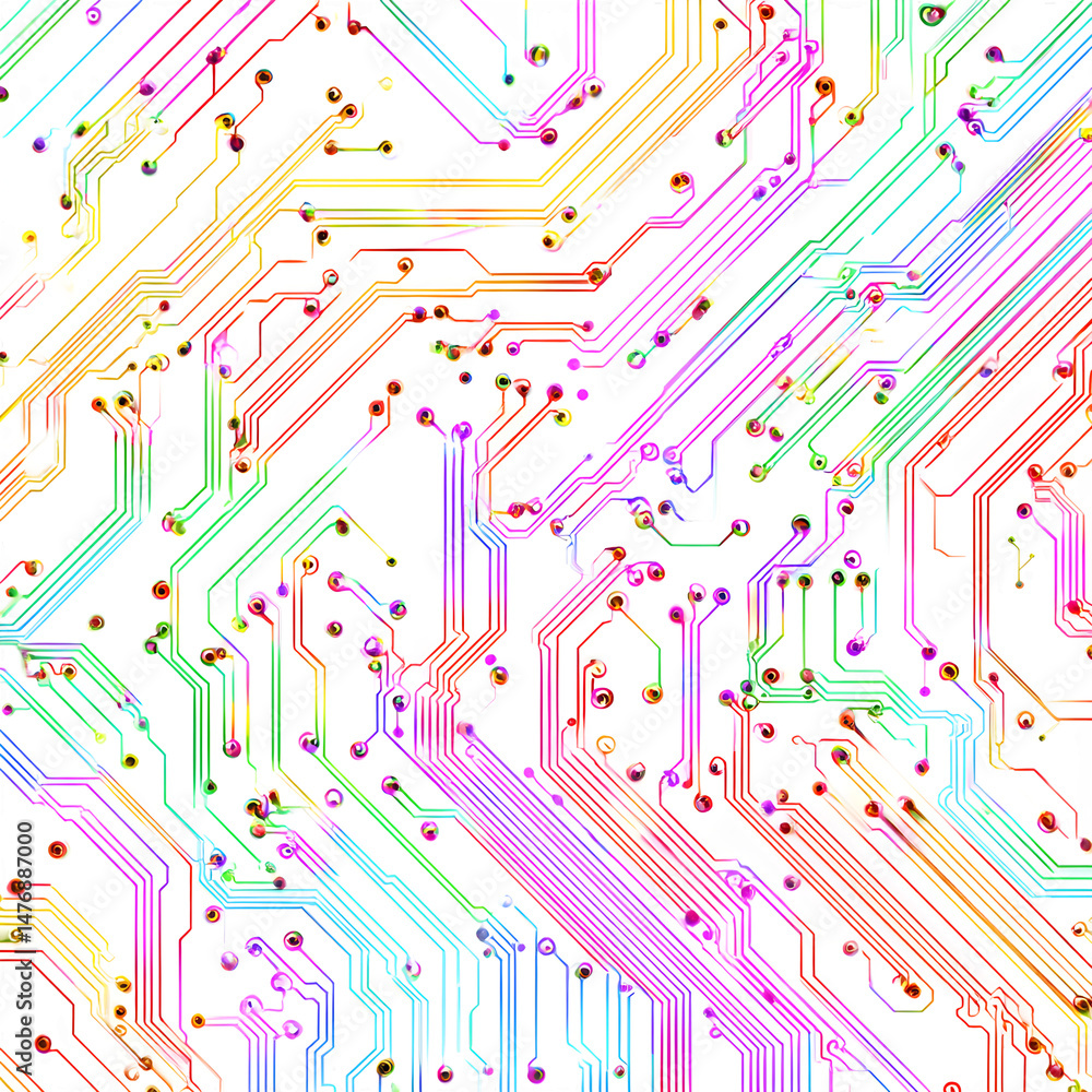 Poster a vibrant and detailed close up of a circuit board with colorful lines and circular connections on w