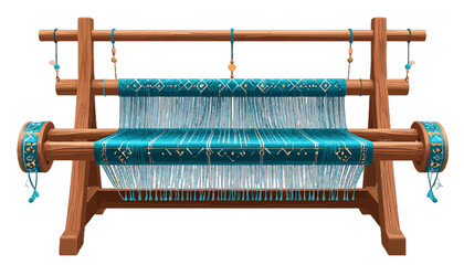 Teal Fabric On A Wooden Loom Dark Background