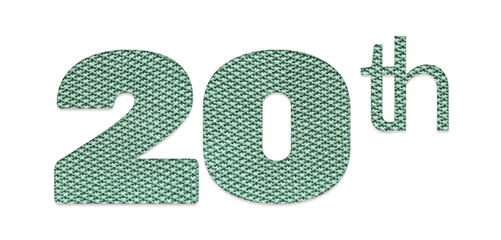 Green knitten‑texture “20th” ordinal number isolated on transparent background, perfect for twentieth‑anniversary invitations, milestone birthday designs, banners, marketing graphics and greeting card