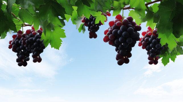 Bunches of ripe purple grapes hang from the vine with green leaves against a bright blue sky, creating a natural and inviting scene of a vineyard harvest.