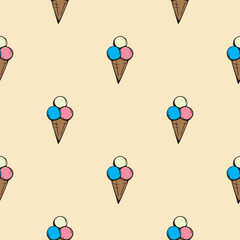 Ice cream balls in a waffle cup. Vector seamless pattern for wrapping paper, print, textile. Bright background with cartoon illustration