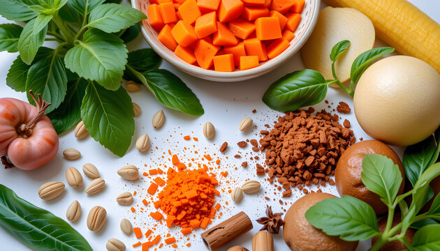 Food ingredients, white background, colorful herbs, spices, organic, top view, orange carrots in clean white bowl.