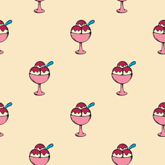 Ice cream with syrup in a bowl. Sweet dessert. Vector seamless pattern for wrapping paper, print, textile. Bright background with cartoon illustration