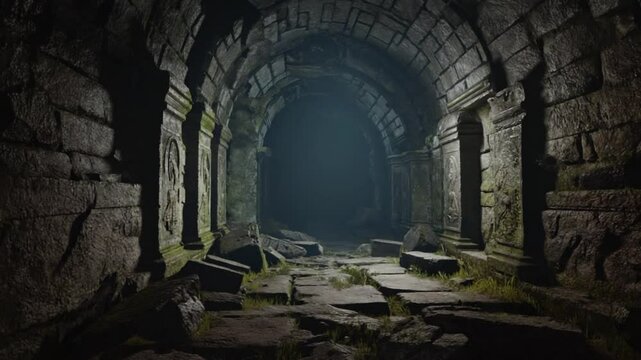 Mysterious dark cave interior with a faint light source. Evokes exploration and mystery.