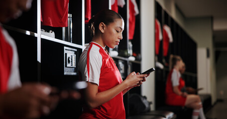Rest, soccer and woman with phone in locker room for social media, contact and communication for...