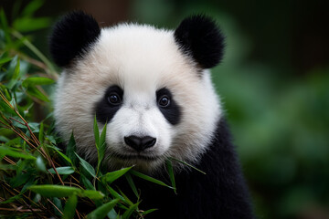 Fototapeta premium Close-up of a young panda gazing through green bamboo foliage in a lush forest setting during midday