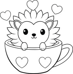 A Hedgehog Sitting In A Teacup With Hearts Floating Coloring Pages