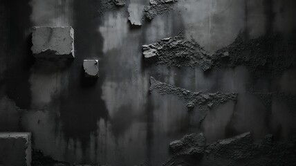 Monochromatic abstract composition of grey shapes against a dark, textured background surface