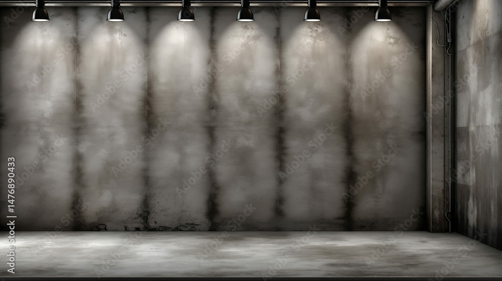 Poster an empty grungy concrete room illuminated by spotlights from above, providing a versatile backdrop.