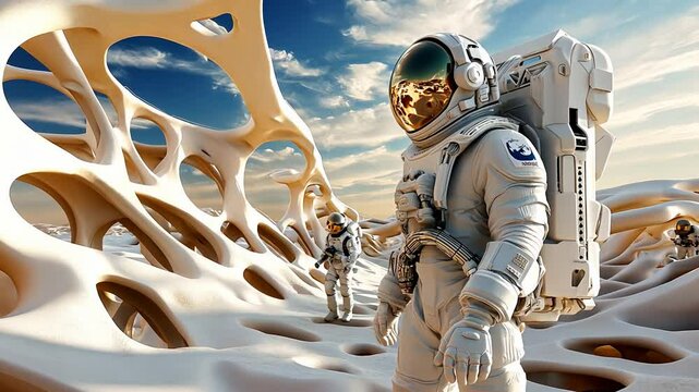 Futuristic astronauts explore alien terrain with unique organic structures.