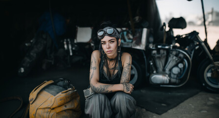 Plakat Unique female mechanic with tattoos and goggles sitting beside vintage motorcycle in garage setting during daylight hours