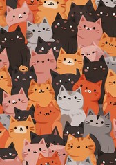 Cute Cartoon Cat Crowd Seamless Pattern