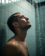 Man standing still in shower indoor bathroom cinematic realism content cold color tone environment close-up viewpoint emotional expression of solitude