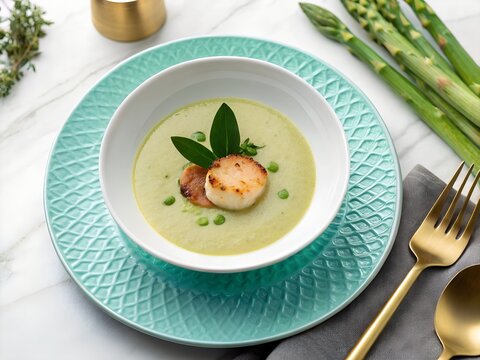 Delicate asparagus veloute served in white bowl with scallop garnish on turquoise plate. Sophisticated dining setup with golden cutlery and green plant accent
